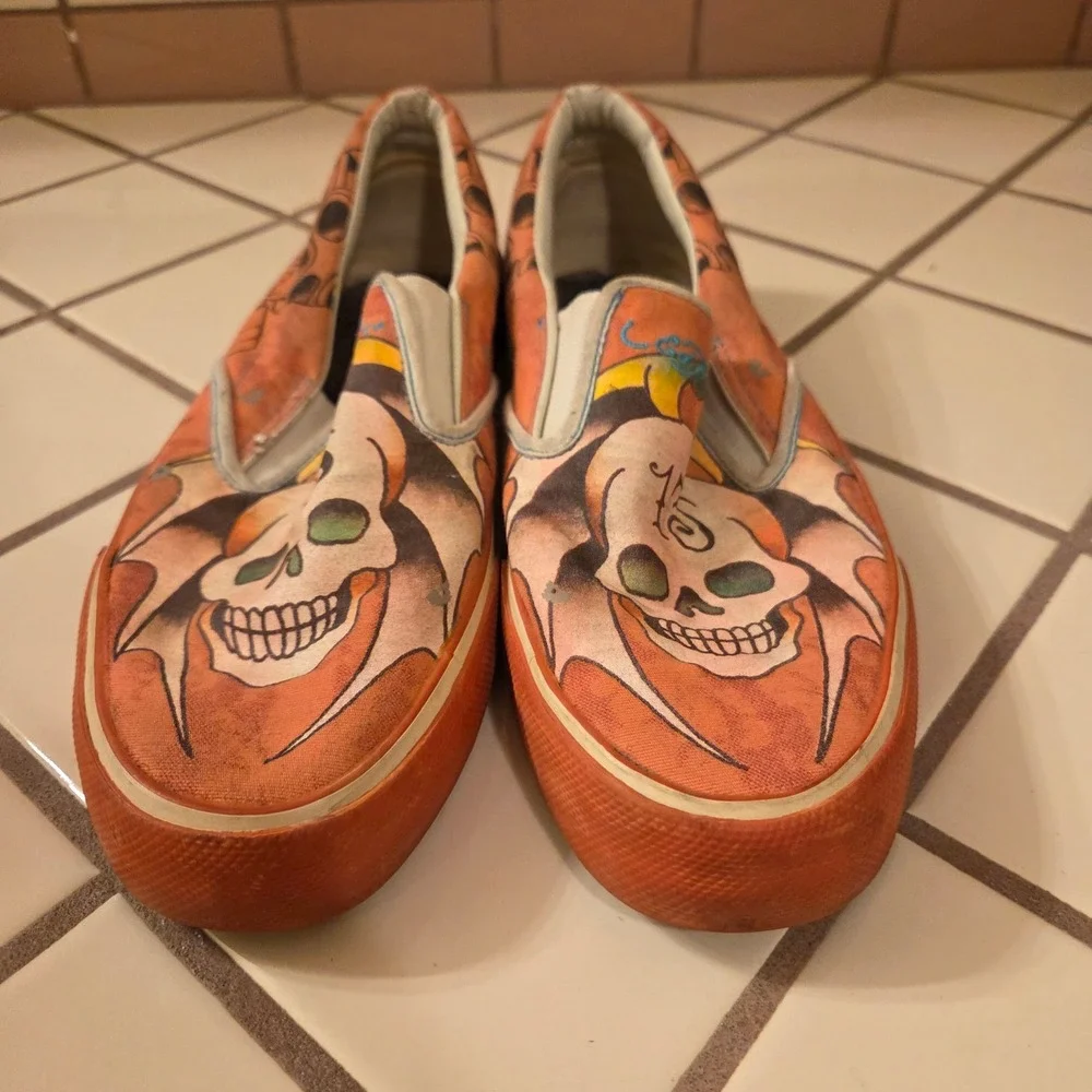 Ed Hardy Womens Orange Tattoo Art Skull Canvas Slip On Sneakers Size 9 EUR 40